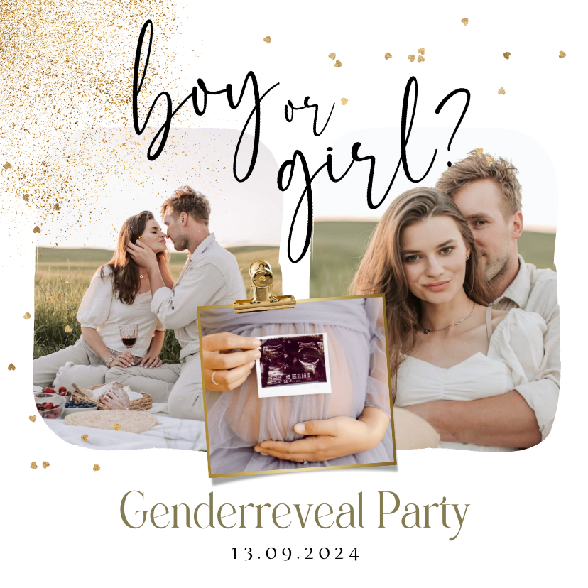 Uitnodigingen - Uitnodiging gender reveal stijlvol fotokaart spetters goud