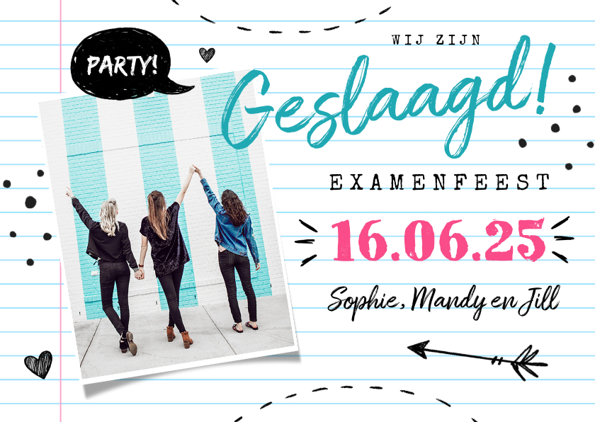 Uitnodiging geslaagd examenfeest schrift doodle - Uitnodigingen Uitnodigingen - Uitnodiging geslaagd examenfeest schrift doodle