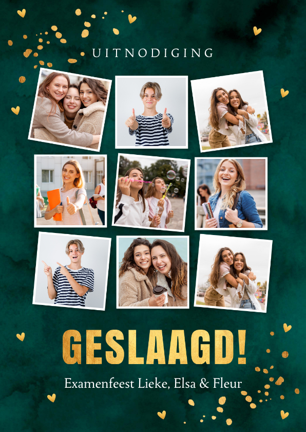 Uitnodiging geslaagd feest fotocollage groen & goudlook - Uitnodigingen Uitnodigingen - Uitnodiging geslaagd feest fotocollage groen & goudlook