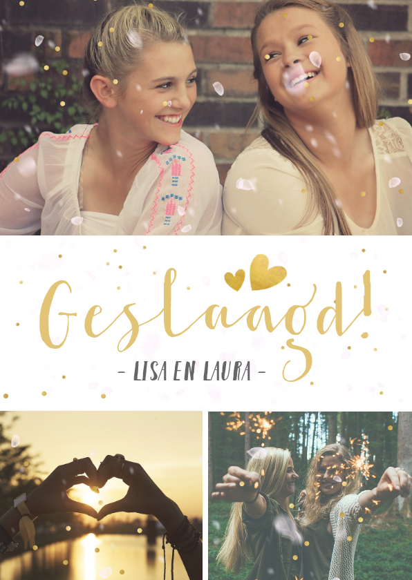 Uitnodiging geslaagd feestje met 3 eigen foto's en hartjes - Uitnodigingen Uitnodigingen - Uitnodiging geslaagd feestje met 3 eigen foto's en hartjes