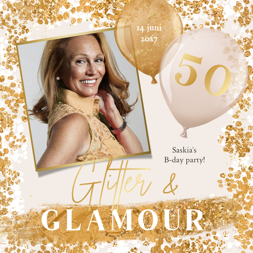 Uitnodiging glitter and glamour themafeestje ballonnen foto - Uitnodigingen Uitnodigingen - Uitnodiging glitter and glamour themafeestje ballonnen foto