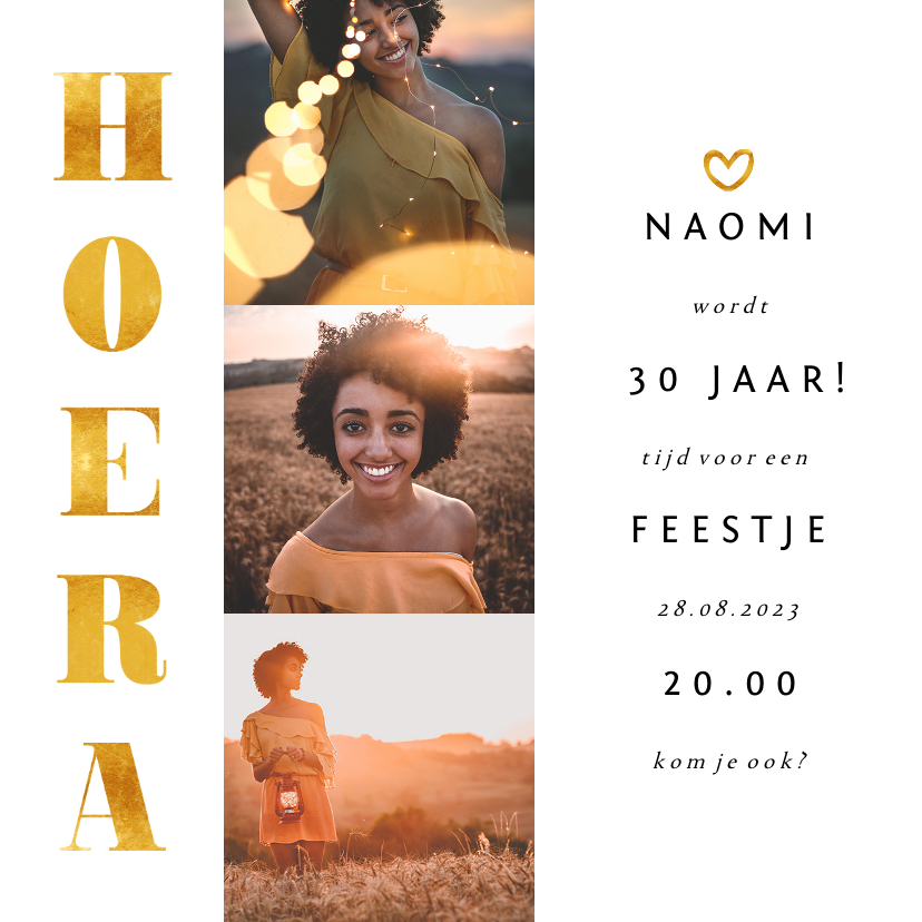 Uitnodiging gouden accenten met foto's vierkant - Uitnodigingen Uitnodigingen - Uitnodiging gouden accenten met foto's vierkant
