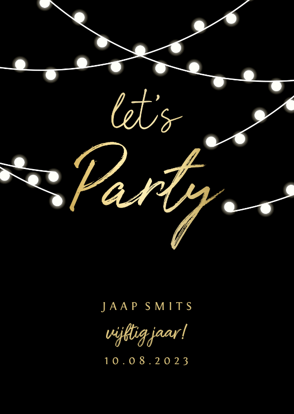 Uitnodigingen - Uitnodiging gouden 'let's party' met lampjes