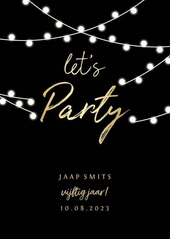 Uitnodiging gouden 'let's party' met lampjes - Uitnodigingen Uitnodigingen - Uitnodiging gouden 'let's party' met lampjes