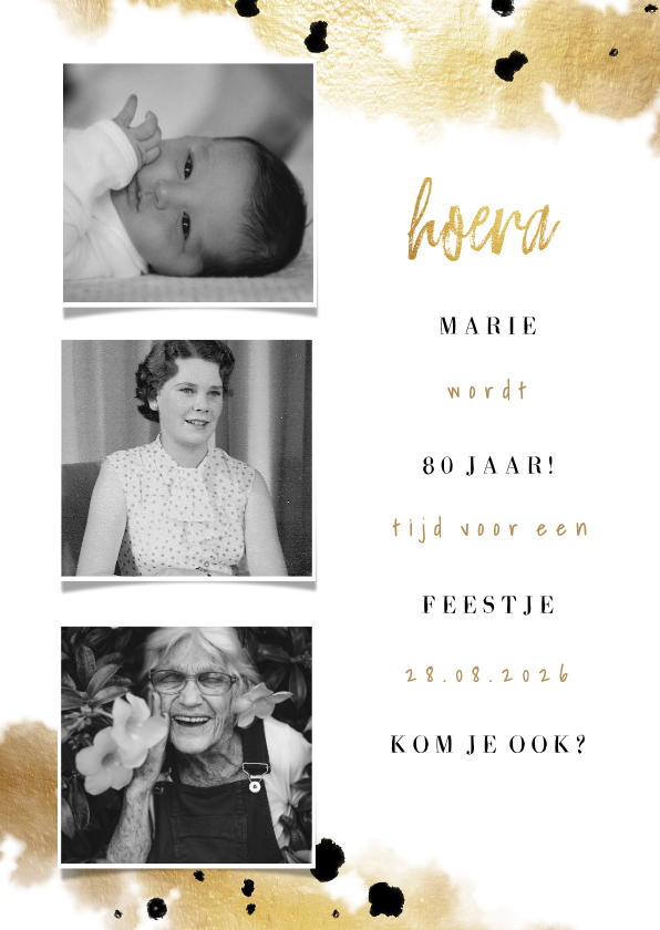 Uitnodiging goudverf fotocollage van 3 zwart wit foto's - Uitnodigingen Uitnodigingen - Uitnodiging goudverf fotocollage van 3 zwart wit foto's