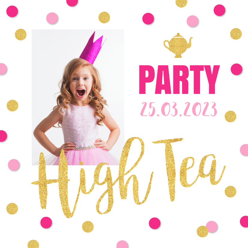 Uitnodigingen - Uitnodiging High Tea confetti goud roze
