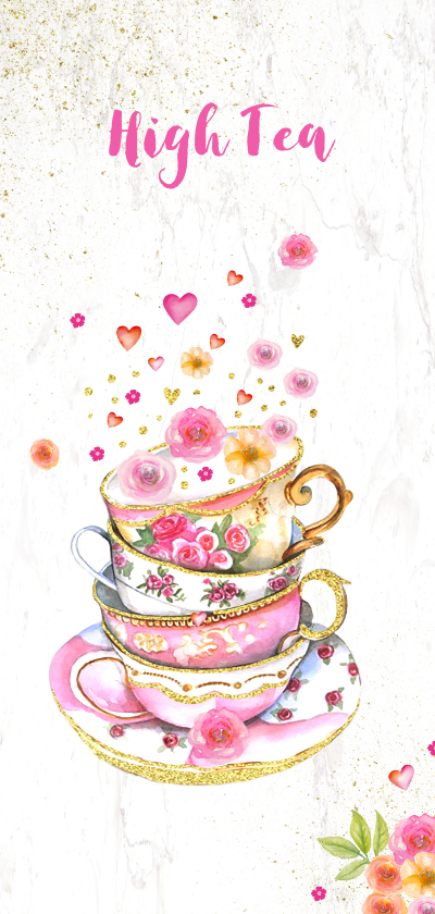 Uitnodigingen - Uitnodiging High Tea kopjes bloemen
