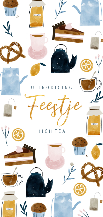 Uitnodigingen - Uitnodiging High Tea langwerpig met vrolijke illustraties