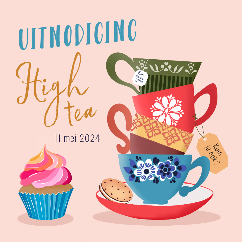 Uitnodigingen - Uitnodiging high tea met theekopjes