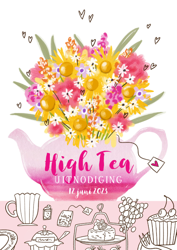Uitnodigingen - Uitnodiging high tea theepot kleurrijk boeket bloemen