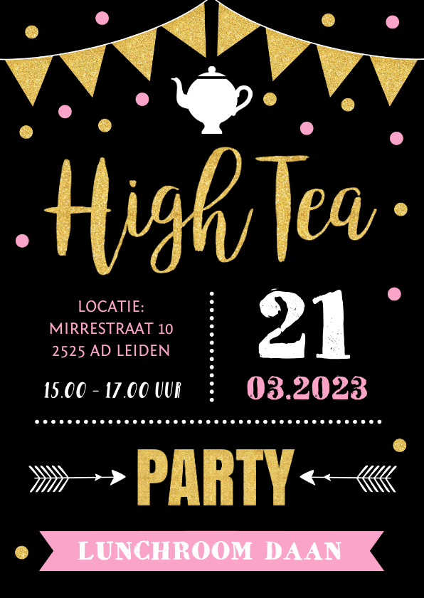 Uitnodigingen - Uitnodiging High Tea typografie slinger confetti goud roze