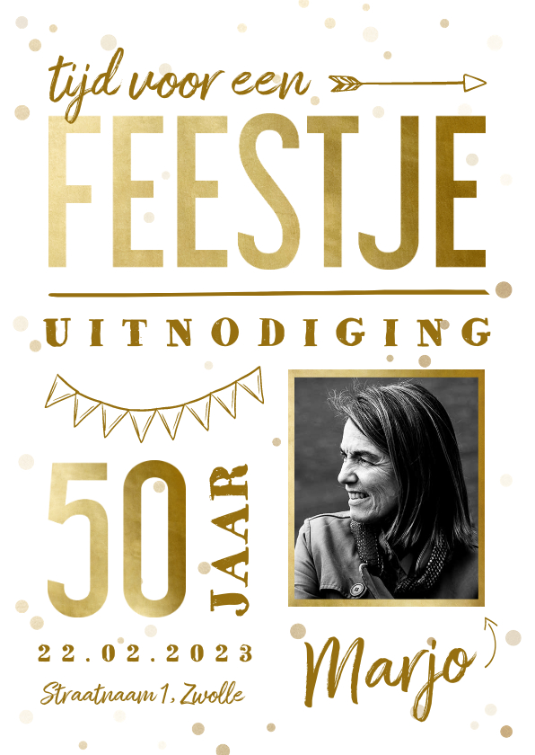 Uitnodiging hip aanpasbaar met gouden tekst en confetti - Uitnodigingen Uitnodigingen - Uitnodiging hip aanpasbaar met gouden tekst en confetti