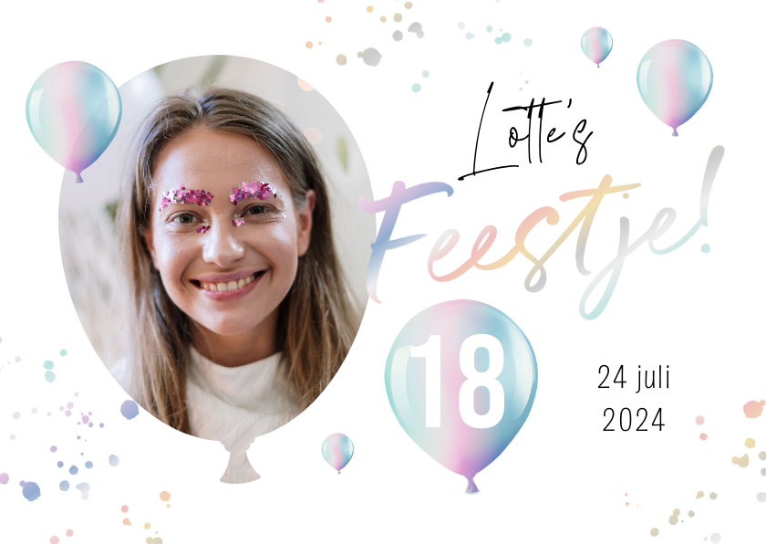 Uitnodigingen - Uitnodiging holografisch ballonnen foto spetters verjaardag