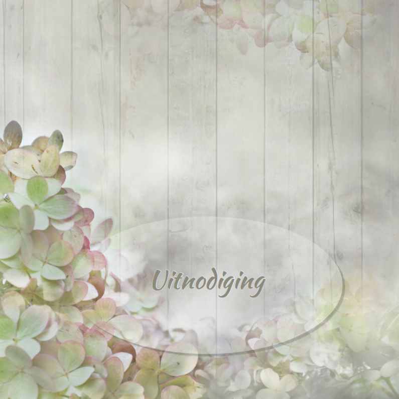 Uitnodiging hortensia's op hout - Uitnodigingen Uitnodigingen - Uitnodiging hortensia's op hout