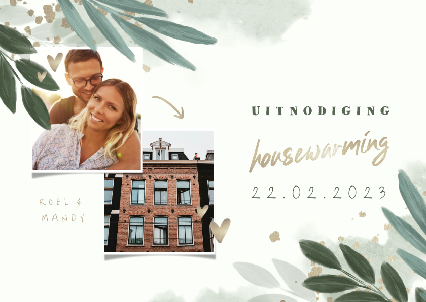 Uitnodiging housewarming botanisch met gouden hartjes - Uitnodigingen Uitnodigingen - Uitnodiging housewarming botanisch met gouden hartjes