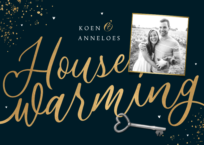 Uitnodigingen - Uitnodiging housewarming goud spetters sleutel foto