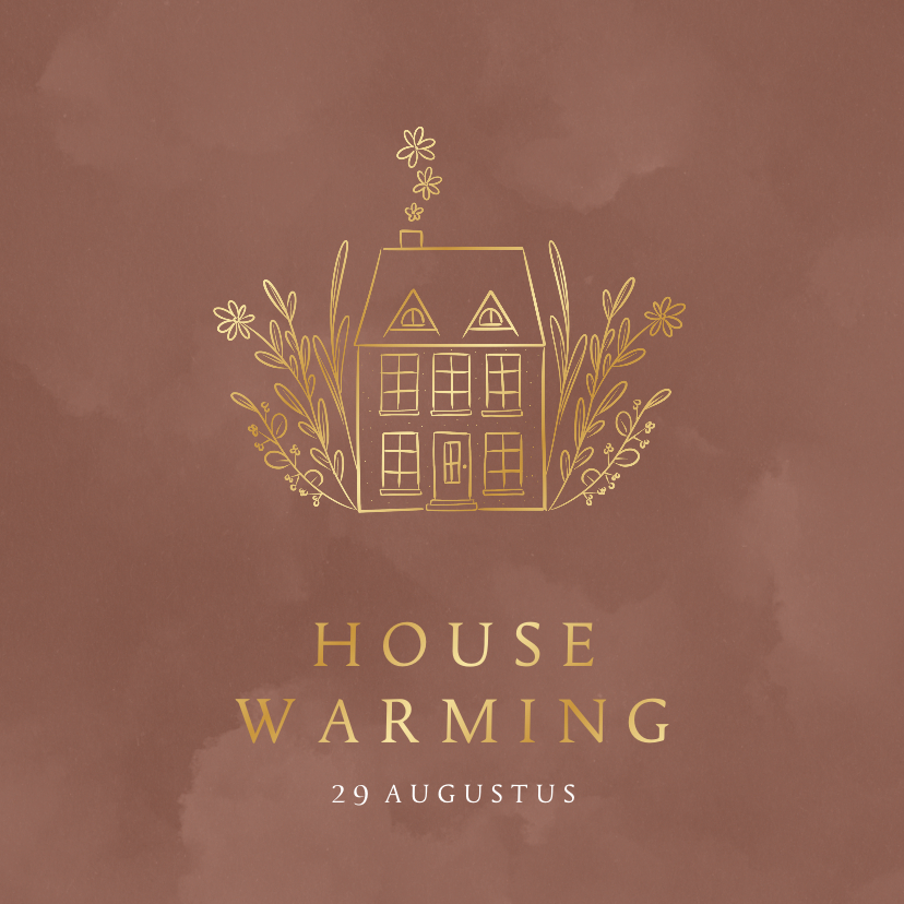 Uitnodigingen - Uitnodiging housewarming gouden huisje met bloemen roest
