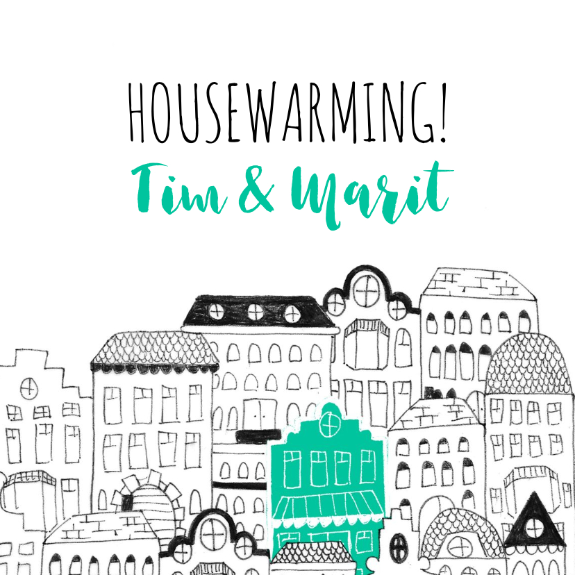 Uitnodiging housewarming illustratie herenhuisjes - Uitnodigingen Uitnodigingen - Uitnodiging housewarming illustratie herenhuisjes
