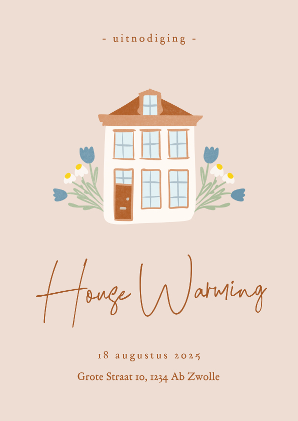 Uitnodiging housewarming in beige met huisje en bloemen - Uitnodigingen Uitnodigingen - Uitnodiging housewarming in beige met huisje en bloemen