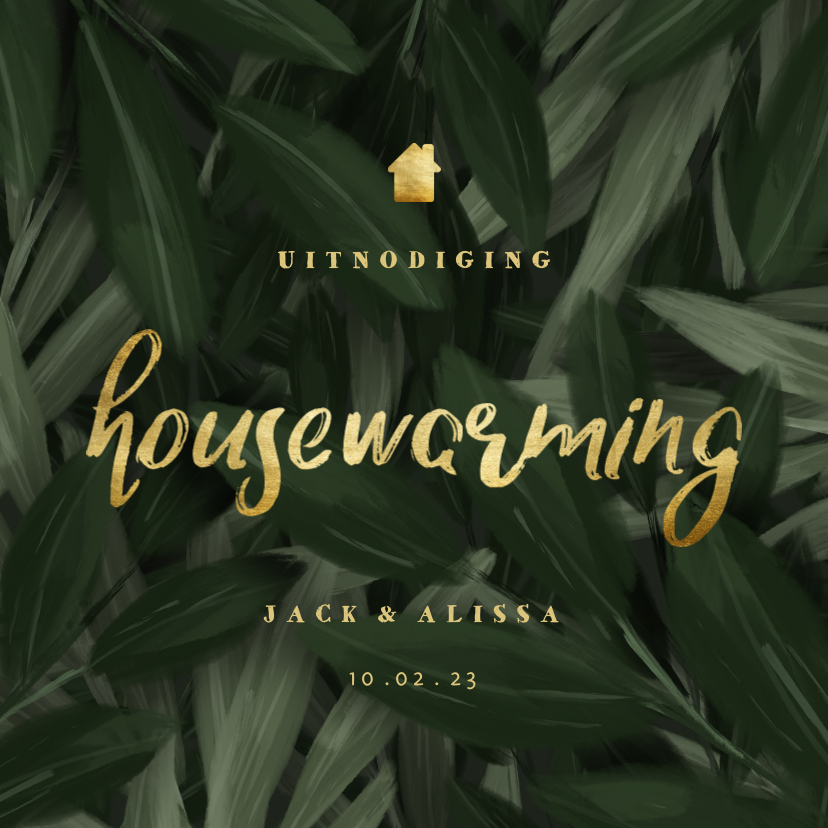 Uitnodiging housewarming jungle bladeren met gouden accenten - Uitnodigingen Uitnodigingen - Uitnodiging housewarming jungle bladeren met gouden accenten