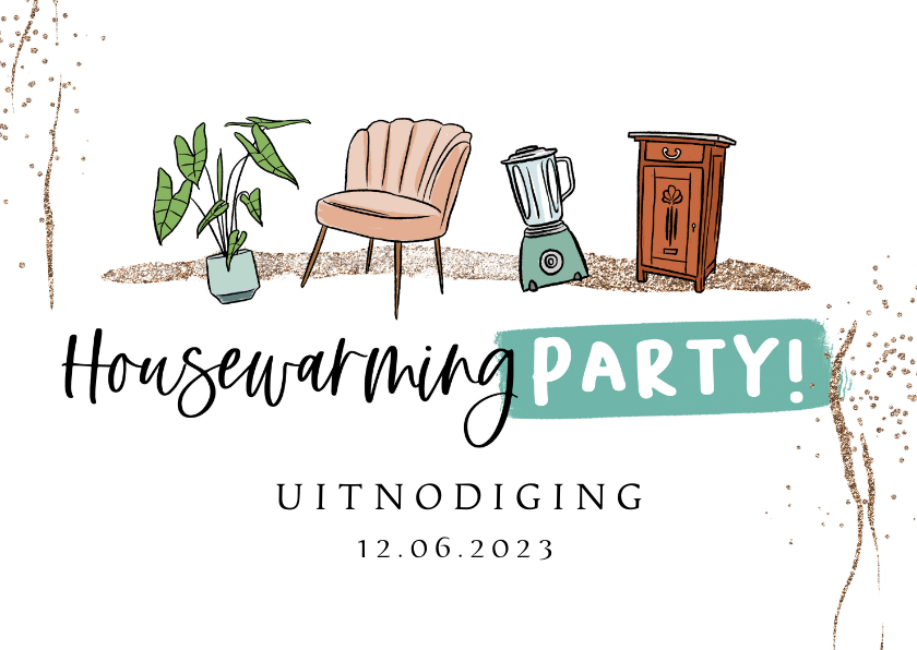 Uitnodigingen - Uitnodiging 'Housewarming Party!' meubels plant glitter