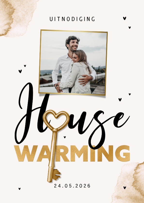 Uitnodigingen - Uitnodiging housewarming sleutel waterverf foto goud