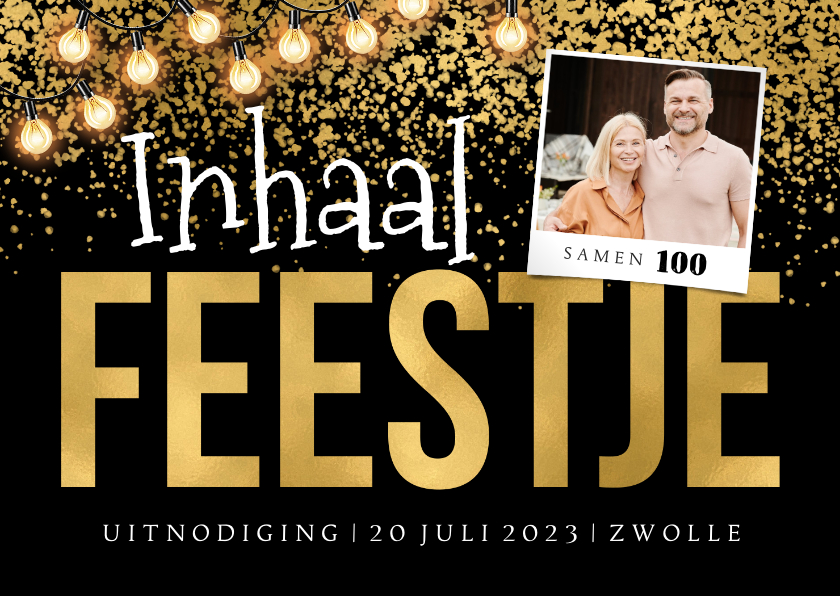 Uitnodiging inhaalfeestje goud confetti lampjes foto - Uitnodigingen Uitnodigingen - Uitnodiging inhaalfeestje goud confetti lampjes foto