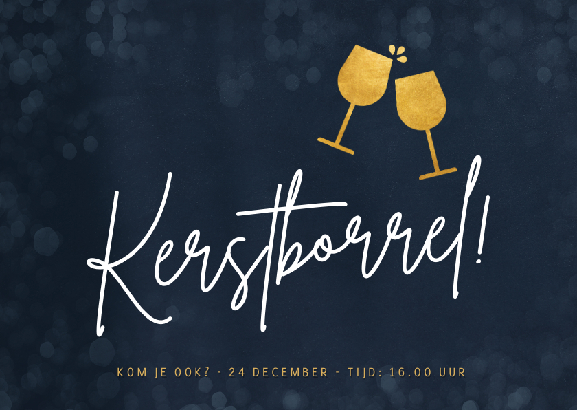 Uitnodigingen - Uitnodiging kerstborrel met gouden wijnglazen