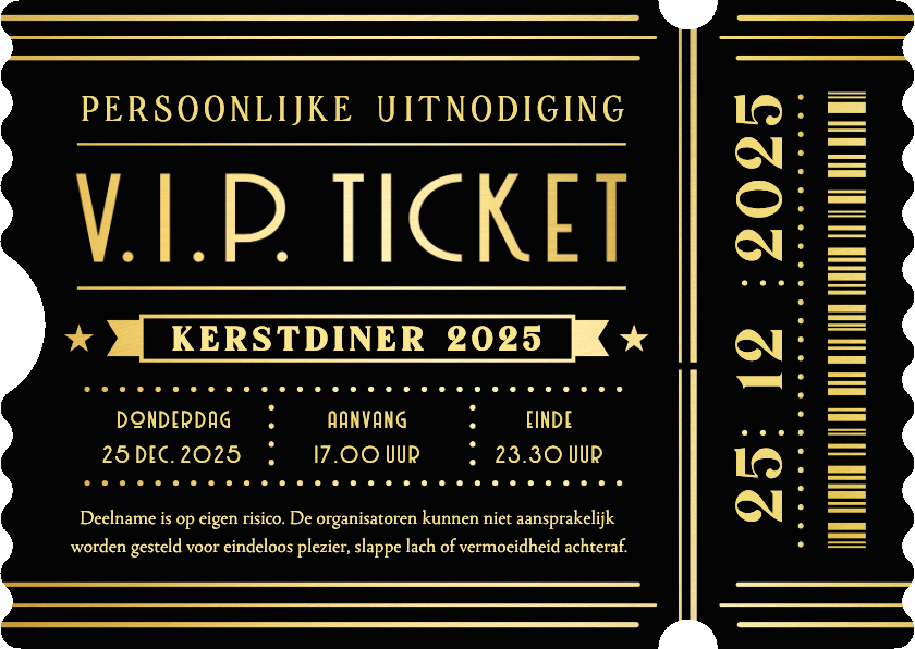 Uitnodiging kerstdiner in VIP ticket vorm zwart met goud - Uitnodigingen Uitnodigingen - Uitnodiging kerstdiner in VIP ticket vorm zwart met goud