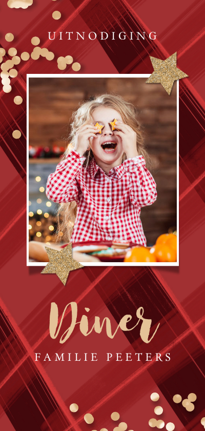 Uitnodigingen - Uitnodiging kerstdiner ruitjes rood confetti goud
