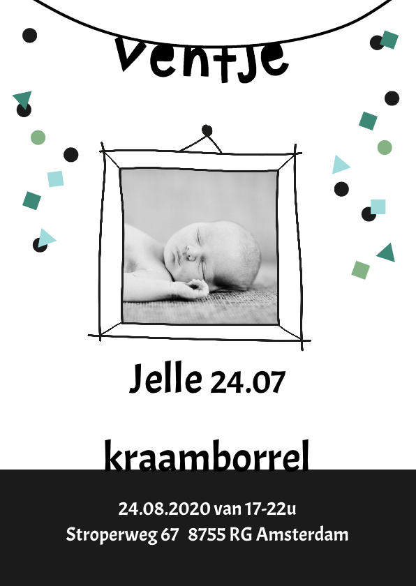 Uitnodiging kraamborrel ventje slinger confetti jongen - Uitnodigingen Uitnodigingen - Uitnodiging kraamborrel ventje slinger confetti jongen