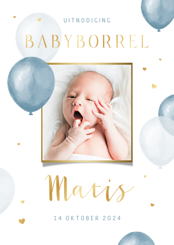 Uitnodigingen - Uitnodiging kraamfeest ballonnen hartjes babyborrel 