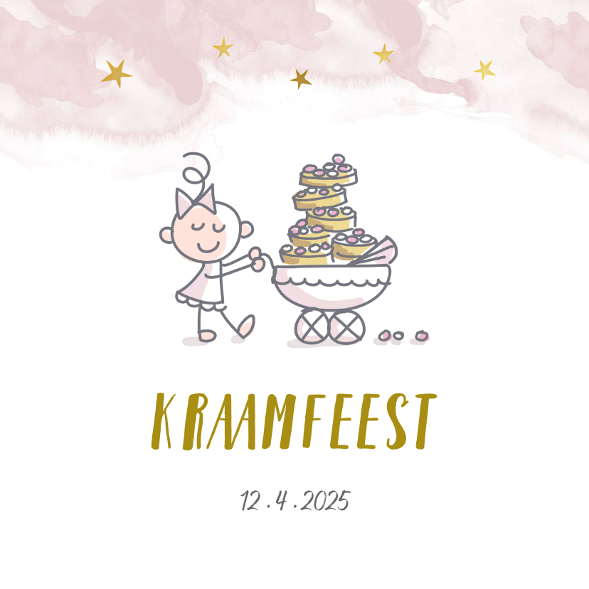 Uitnodiging kraamfeest kinderwagen en beschuit met muisjes - Uitnodigingen Uitnodigingen - Uitnodiging kraamfeest kinderwagen en beschuit met muisjes