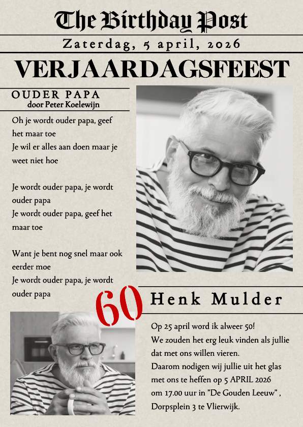 Uitnodigingen - Uitnodiging krant voorpagina nieuws jarig 60