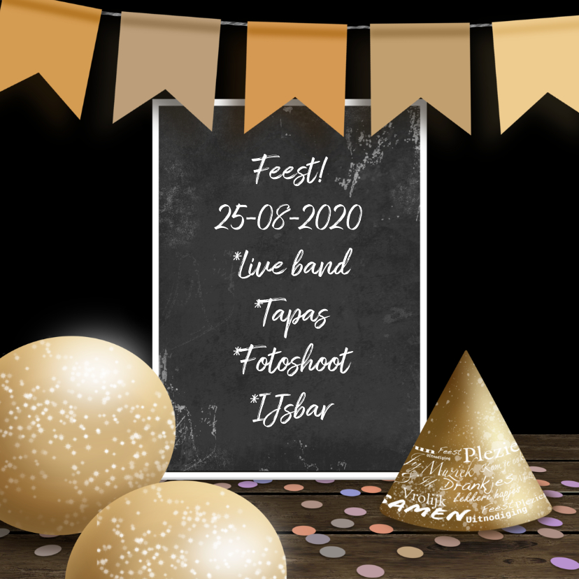 Uitnodiging krijtbord confetti en slinger - Uitnodigingen Uitnodigingen - Uitnodiging krijtbord confetti en slinger