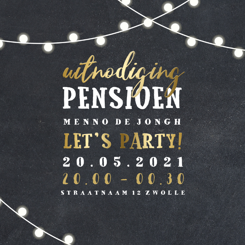 Uitnodigingen - Uitnodiging krijtbord goud pensioen met lampjes