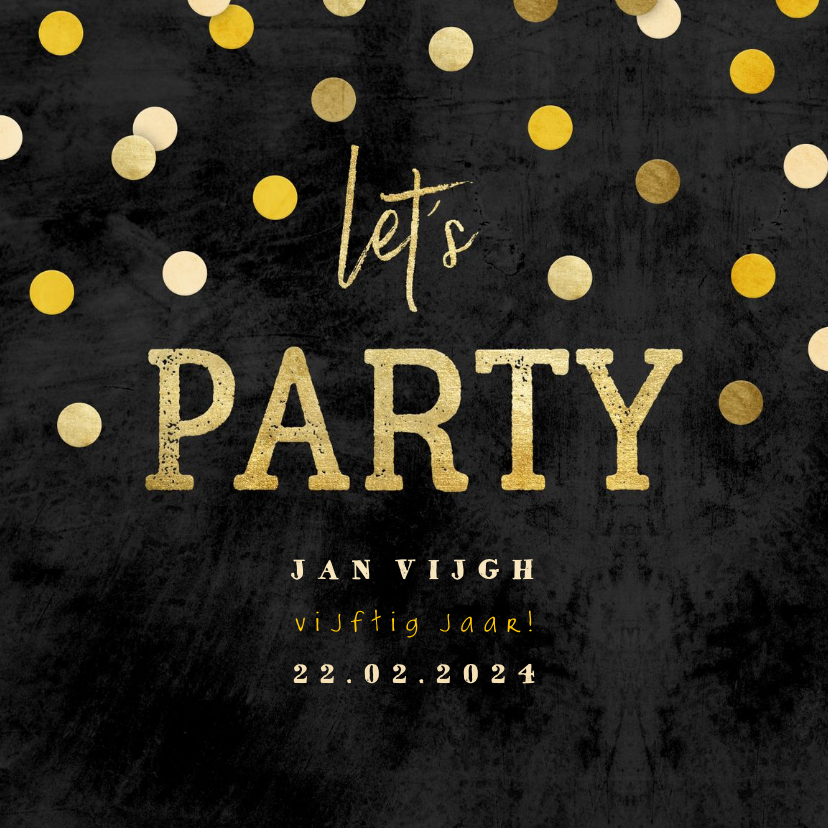 Uitnodigingen - Uitnodiging krijtbord gouden 'let's party' met confetti