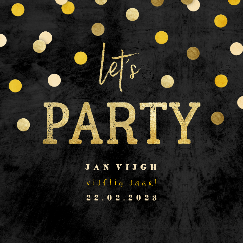 Uitnodigingen - Uitnodiging krijtbord gouden 'let's party' met confetti