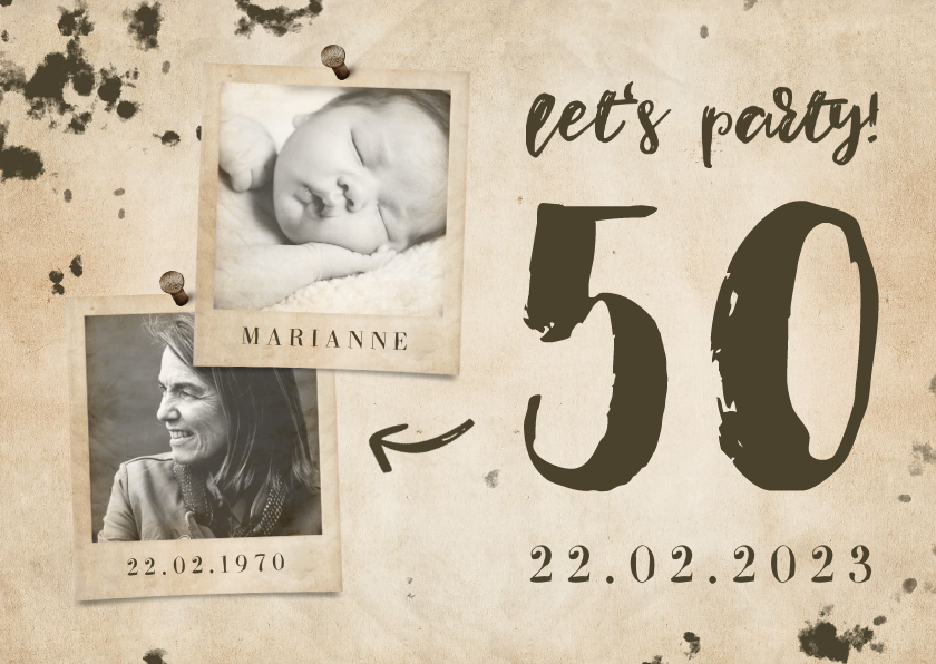 Uitnodiging 'let's party' vintage met foto's en leeftijd - Uitnodigingen Uitnodigingen - Uitnodiging 'let's party' vintage met foto's en leeftijd