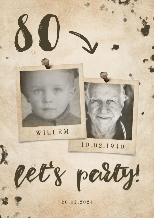 Uitnodigingen - Uitnodiging 'let's party' vintage met leeftijd en foto's