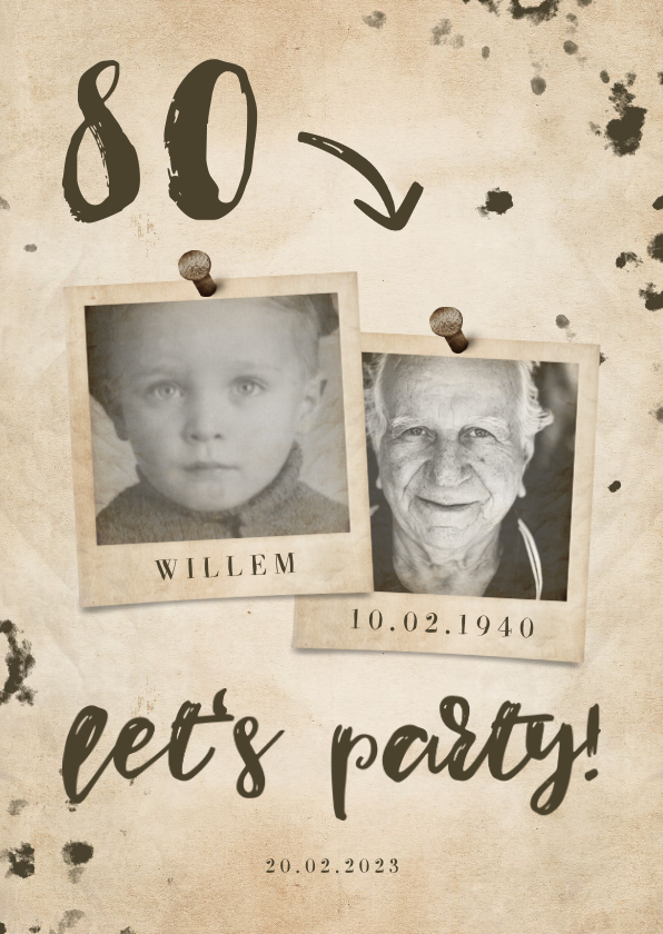 Uitnodiging 'let's party' vintage met leeftijd en foto's - Uitnodigingen Uitnodigingen - Uitnodiging 'let's party' vintage met leeftijd en foto's