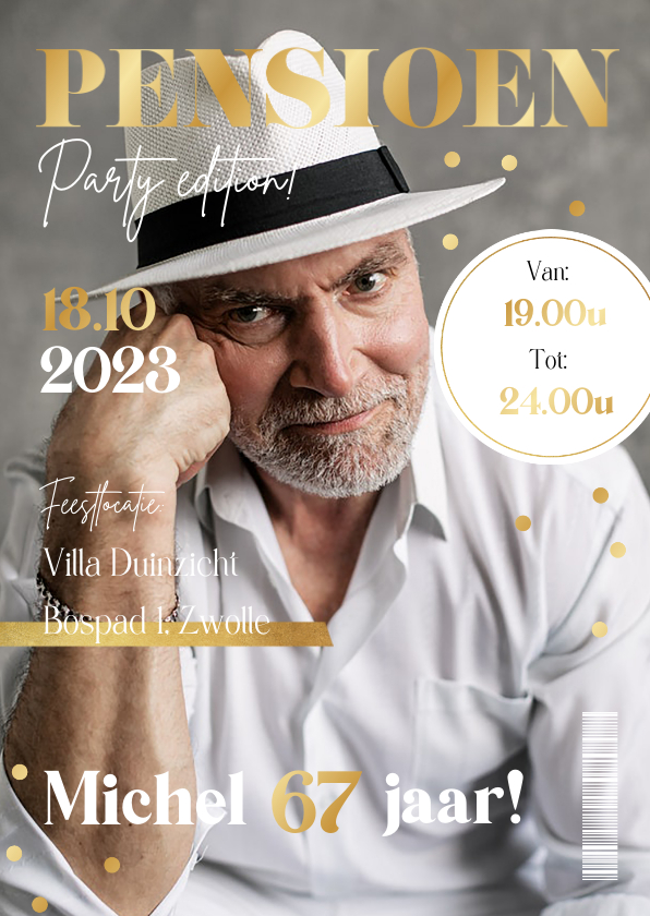 Uitnodigingen - Uitnodiging magazine cover pensioenfeest goud party confetti