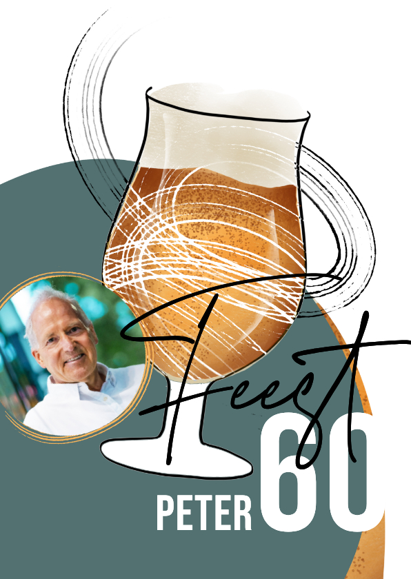 Uitnodigingen - Uitnodiging man 60 met glas bier met patroon en foto