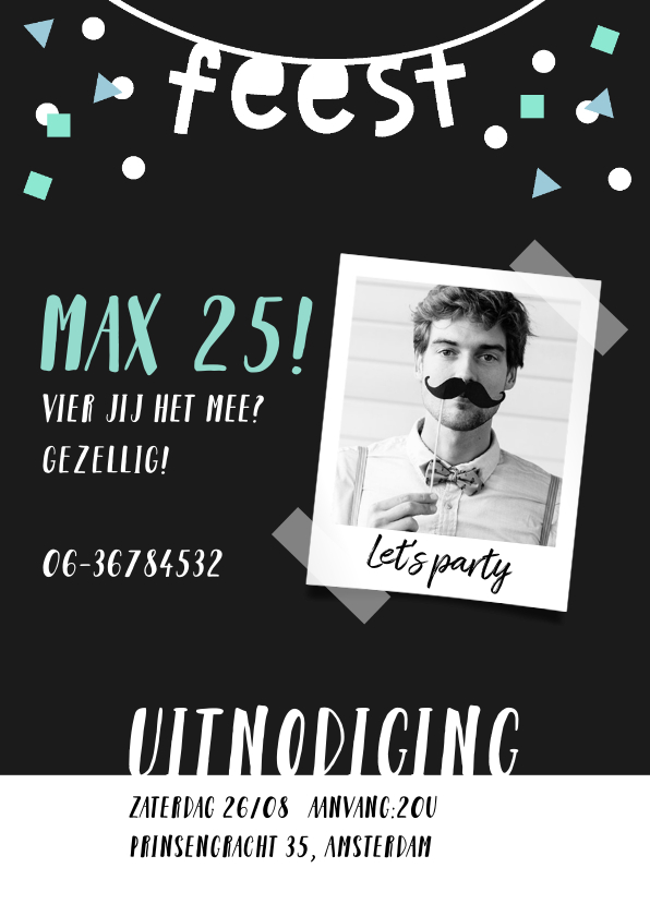 Uitnodiging man confetti hip met foto - Uitnodigingen Uitnodigingen - Uitnodiging man confetti hip met foto