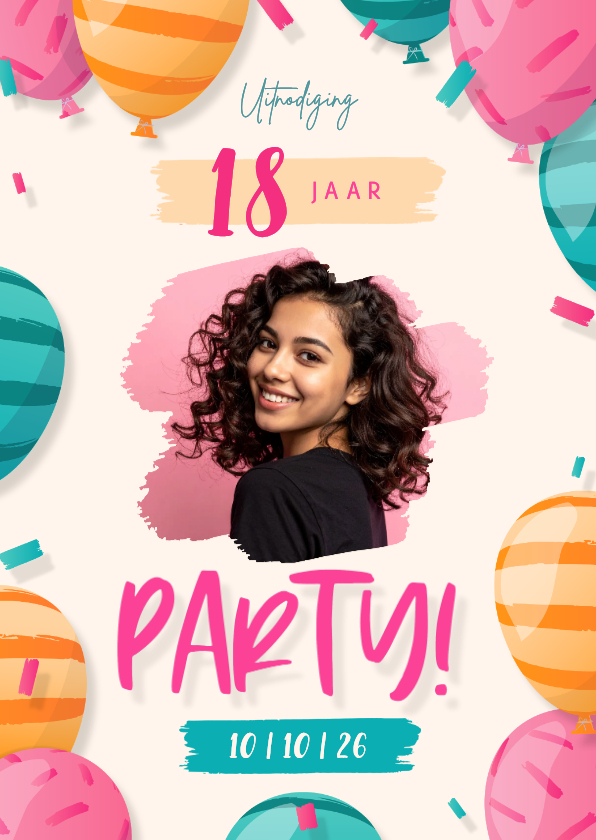 Uitnodiging met eigen foto, kleurrijke ballonnen en confetti - Uitnodigingen Uitnodigingen - Uitnodiging met eigen foto, kleurrijke ballonnen en confetti