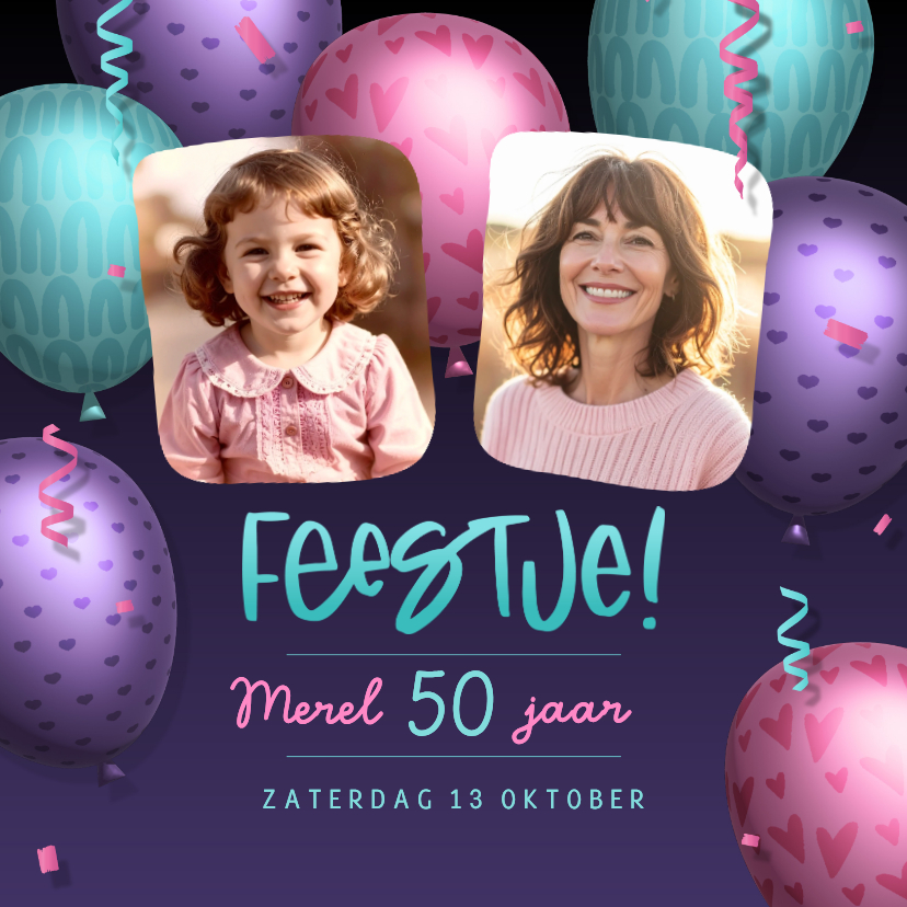 Uitnodiging met eigen foto's en kleurrijke 3d ballonnen - Uitnodigingen Uitnodigingen - Uitnodiging met eigen foto's en kleurrijke 3d ballonnen