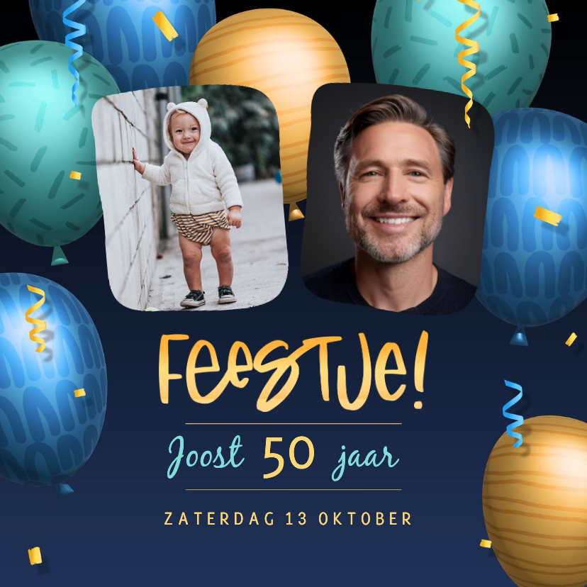 Uitnodigingen - Uitnodiging met eigen foto's en metallic 3d ballonnen