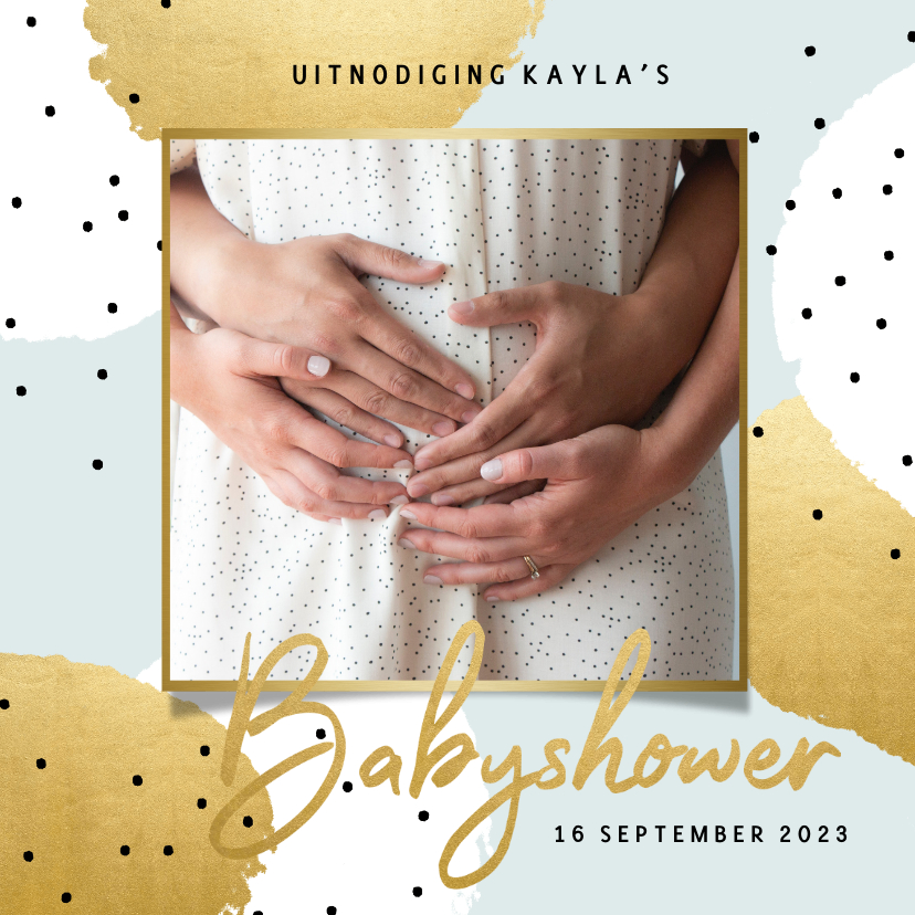 Uitnodigingen - Uitnodiging met goud en zwarte stipjes voor je babyshower