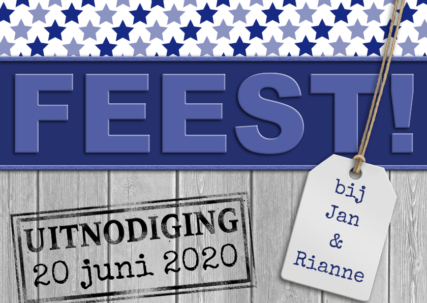 Uitnodiging met tekst FEEST en sterretjes op steigerhout - Uitnodigingen Uitnodigingen - Uitnodiging met tekst FEEST en sterretjes op steigerhout