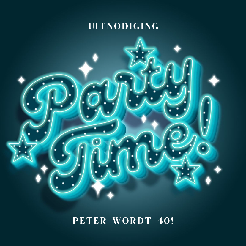 Uitnodigingen - Uitnodiging neon 'Party Time!' met sterren 